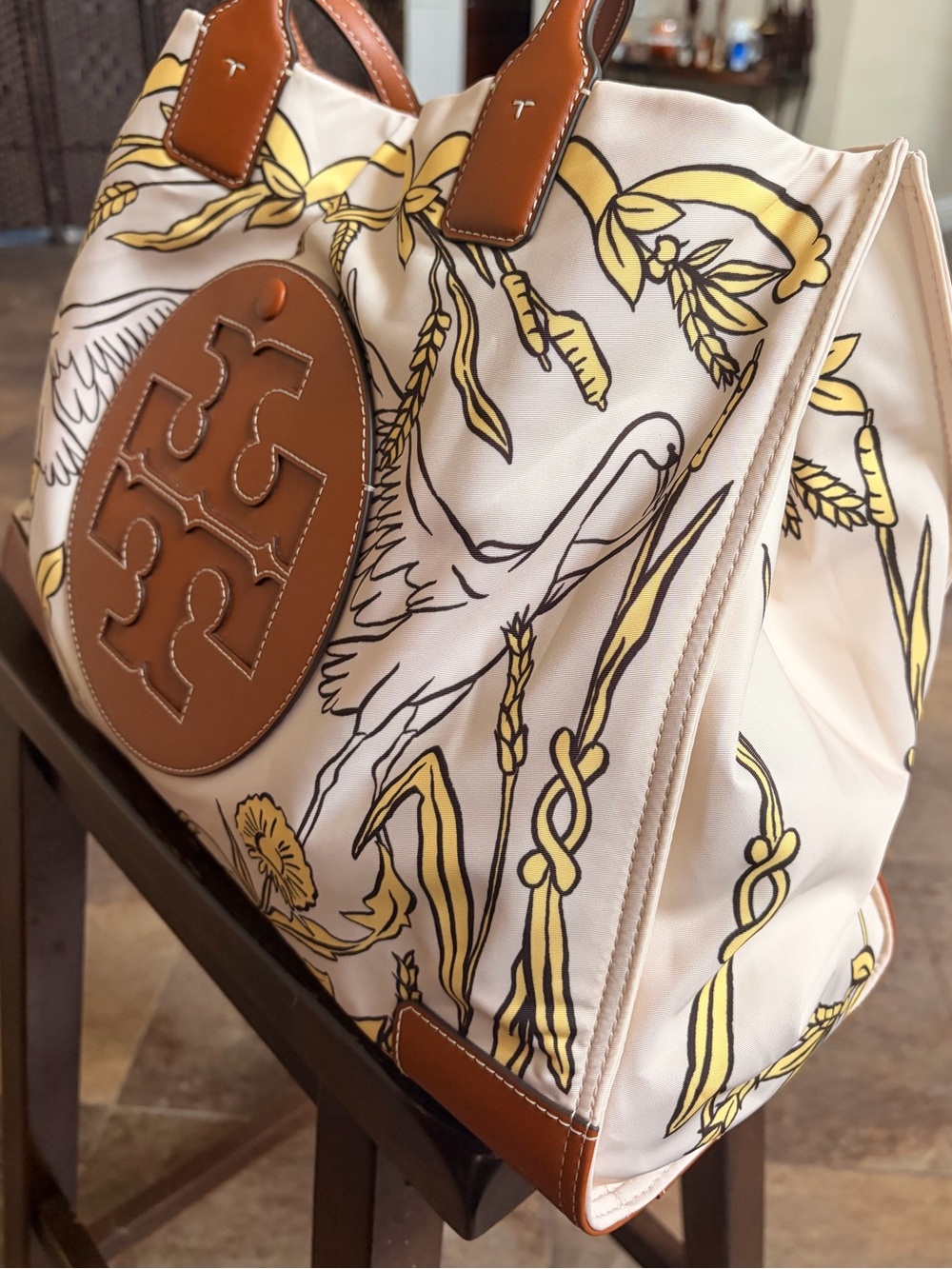 Tory Burch Cream, Tan & Yellow Floral Canvas Tote - Picture 2 of 7